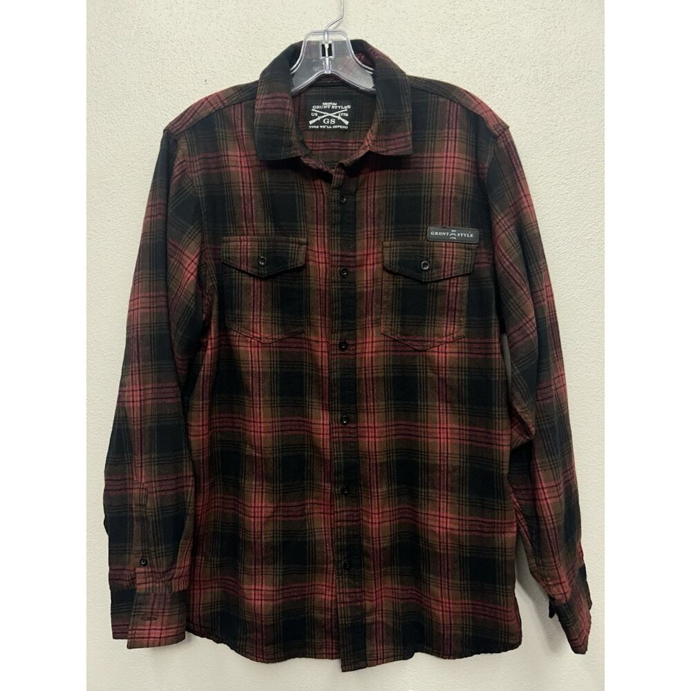 Grunt Style Mens Shirt Medium Plaid Button-Up Red Black Brown Lumberjack Country